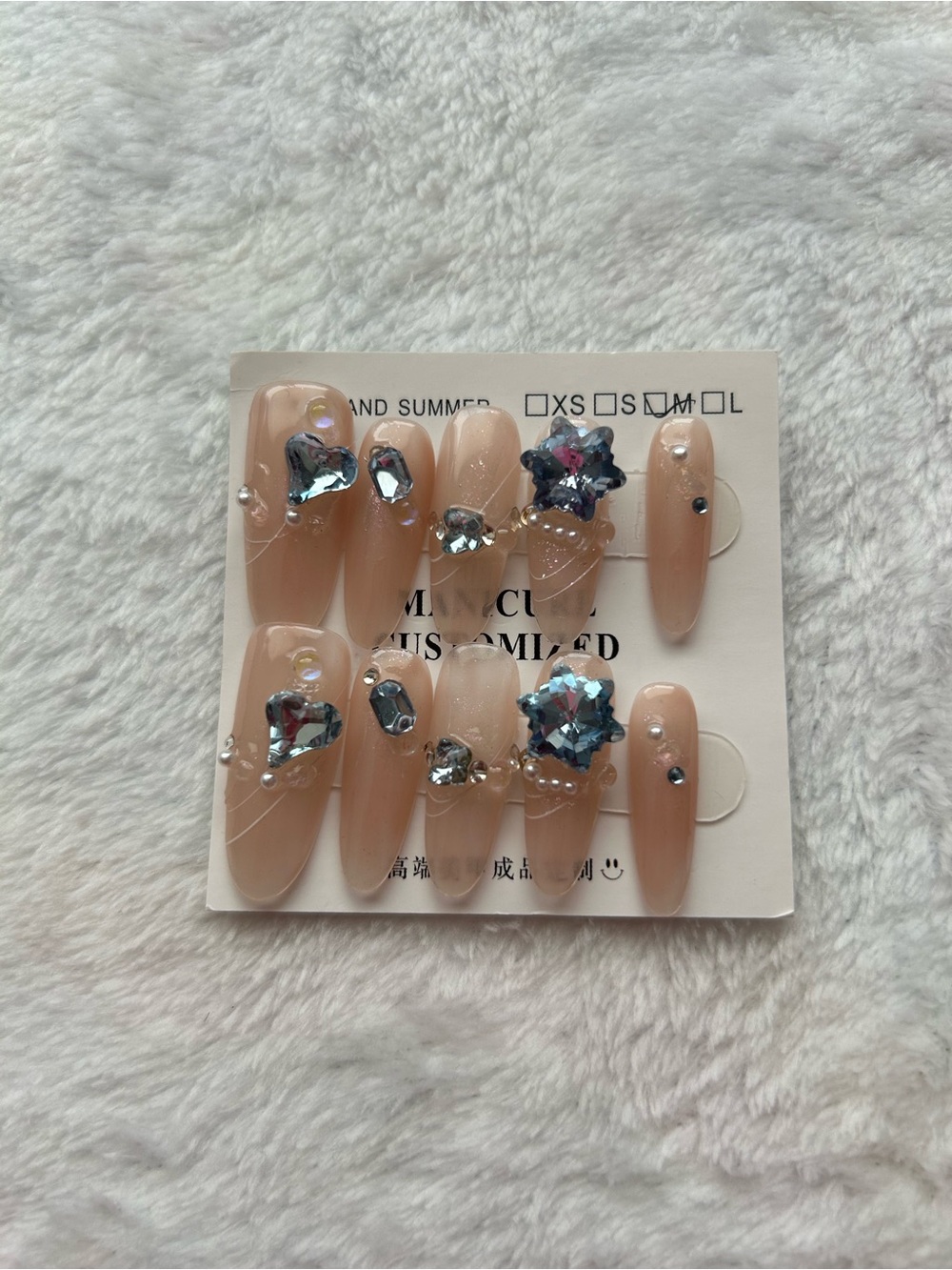 Handmade Nude Press-On Nails with Iridescent Gems